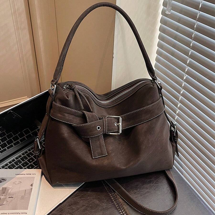 Women's Vintage Brown Faux Leather Hobo Bag, Large Capacity Soft PU Shoulder Purse With Buckle Detail & Contrast Stitching, Convertible Crossbody Bag For Work, Office & Fall/Winter Everyday Casual Use - Cà phê - Xem 1