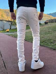 High Street Artistic White Denim Jeans, Men's Slim Fit Distressed Design, Asymmetrical Splatter Paint Accent, Minimalist High Street Y2K , Unique Streetwear Fashion Item - White - View 5