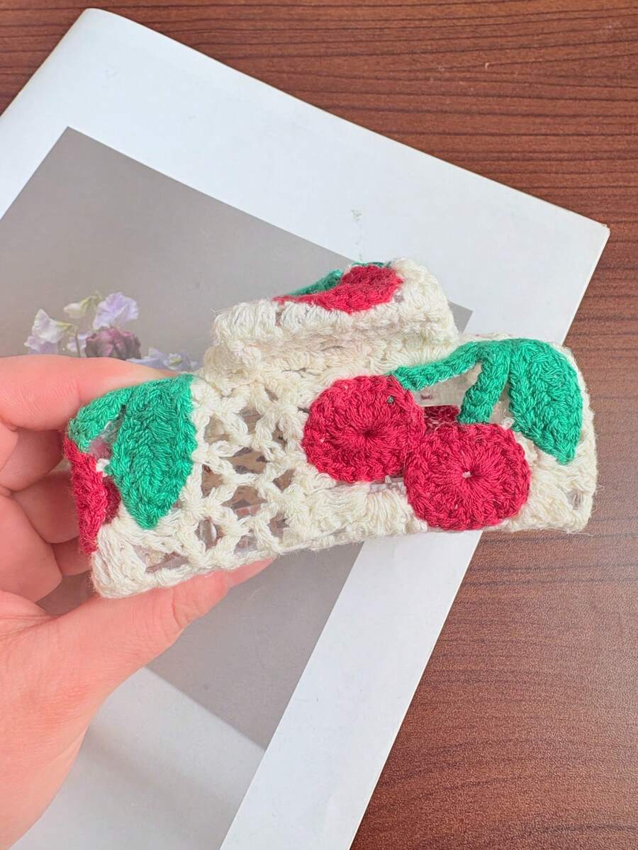 1pc Women's Bohemian Knitted Flower, Cherry, Strawberry Design Hair Clip Headpiece, Matte Non-Slip Hair Claw Clip Bun Maker Suitable For Beach, Holiday, Wedding, Party, Daily Use - Multicolor - View 1