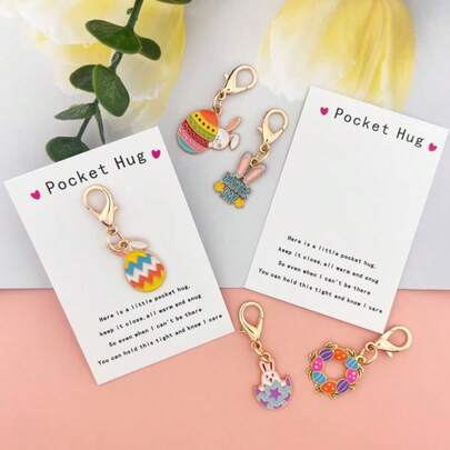 5pcs Easter Gift Cute Rabbit Alloy Keychain Set, Heart Pocket Hug Card (With Keychain) - Lobster Clasp, Durable Zinc Alloy | Ideal For Students/Workers/Friends | Suitable For Birthday, Exam, Graduation, Daily Encouragement, Holiday Blessings, Long-Distance Care | - Thoughtful Gift For Women, Teachers, Moms, Best Friends