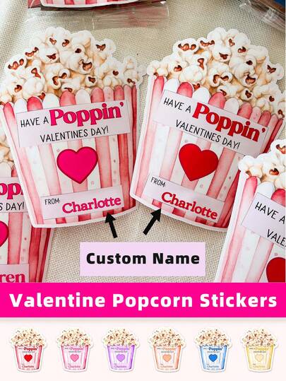 1-24pcs Custom Valentine's Day Popcorn Stickers, Popcorn Valentine Labels, Romantic Gift Stickers, Personalized Text Stickers, Die-Cut Popcorn Bag Labels For Candy Bags, Cookie Jars, Gift Boxes, Six Color Options (Red, Pink, Purple, Orange, Blue, Yellow), Heart-Themed Packaging Design, Ideal For Friends, Lovers, Couples, Perfect For Valentine's Day Gifts, Celebrations