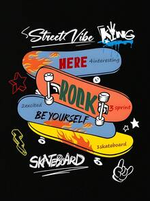 青少年男童滑板印花圆领T恤，夏季休闲柔软上衣 - 黑色 - 查看 7