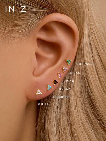 1pc 925 Sterling Silver Colorful Four-Leaf Clover Internally Threaded Lip Stud, Low Allergy 14K Gold 3 CZ Triangle Flat Cartilage/Helix Earrings, Unisex Daily Wear