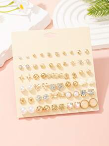 30 Pairs/Set Women's Fashion Stud Earrings Set, Minimalist Star, Butterfly, Cherry Blossom Patterns, Versatile For Daily, Date, Holiday Gift - Yellow Gold - View 6