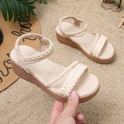 1双女童夏季坡跟凉鞋，简约编织一脚蹬设计，时尚绑带，舒适坡跟，适合户外、度假、海滩、日常穿着