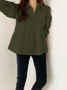 Women's Solid Color Woven Fabric Front Button Casual Elegant Minimalist Long Sleeve Shirt Blouse, Versatile For Daily, Vacation, Office, Travel, Airport, Spring/Summer/Autumn/Winter, Christmas, Thanksgiving And Other Holidays, Outdoor, Ceremony, Birthday - Army Green - View 2
