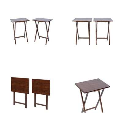 Set Of 2 Walnut Finish Folding Tray Tables Indoor Use Solid Rubberwood 19x14.5x26 Inches