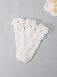 3 pares de calcetines de malla de unicolor con lazo de perlas en capas para niñas, transpirables y ligeros para primavera/verano - Multicolor - Ver 4