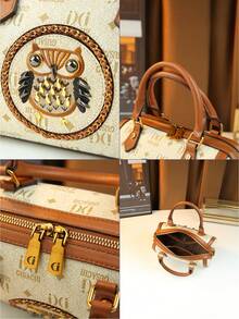 复古猫头鹰图案铆钉设计枕形包，美式女士字母印花手提包 - 彩色 - 查看 4