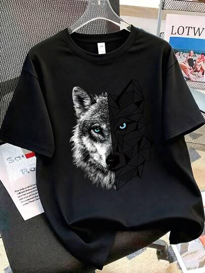 Geometric Wolf Head Print Short Sleeve T-Shirt For Teenage Boys, Featuring Realistic Wolf Head Design With Blue Eyes, Casual Loose Fit Crew Neck Tee Suitable For Students Everyday Wear, School And Commute