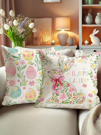 4 件套粉蓝复活节兔子装饰枕套，17.7x17.7 英寸，现代风格，涤纶材质，拉链封口，可机洗，饰有复活节彩蛋和花卉图案，适合春季客厅、卧室、沙发装饰 - 不含枕芯，复活节家居装饰