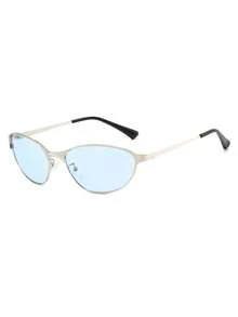 1 Pair Women's Silver Cat Eye Metal Frame Personalized Blue Lens Fashionable Beach Vacation Minimalist Fashion Glasses - Silver - View 2