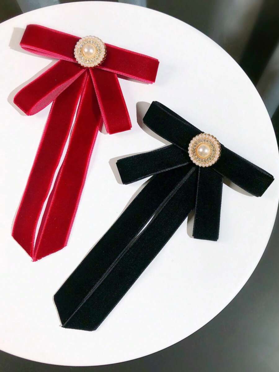 Women's Matte Black Faux Pearl Bowknot Brooch, Versatile Ribbon Decor Accessory, Academic Style - Multicolor - View 1