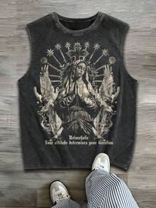 Sleeveless Printed T-Shirt, Y2K Style Street Fashion Men's Washed Vest (220g Pure Cotton), Vintage Pattern Fun Print, Hip-Hop Style, Men's Summer Round Neck Short-Sleeved Casual T-Shirt, Men's Summer Streetwear. - 黑色 - 查看 1