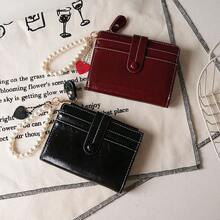 Heart-Shaped Pearl Crackle Leather Small Niche Retro Short Foldable Ins Style Women Wallet, PU Multifunctional Bifold Purse - Multicolor - View 2