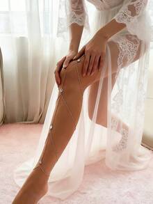 1pc European And American Sexy Beach Vacation Geometric Rhombus Crystal Alloy Chain Lace Elastic Leg Chain, Suitable For Women's Daily Party Outfit Matching - White - View 1