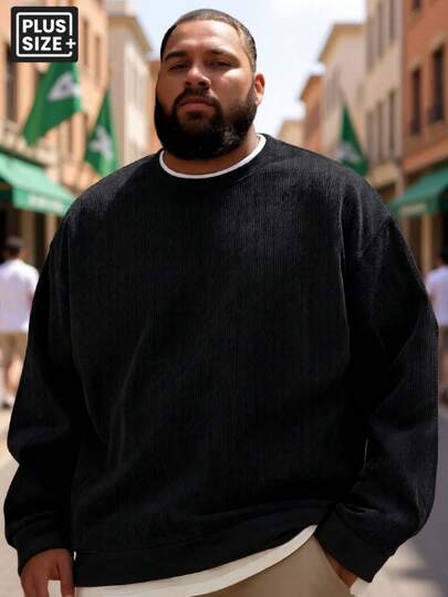 Plus Size Men's Casual Sweatshirt, Retro Round Neck Pullover, Corduroy Fabric, Suitable For Shopping, Dating, Travel, Daily Wear, Father's Day Gift Black