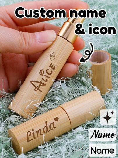 LICVIC Navulbaar parfumflesje met spray en gepersonaliseerde naam, bamboe reisparfumverstuiver voor dagelijks gebruik, elegante gepersonaliseerde geurflacon voor op de kaptafel of in de handtas, minimalistisch personaliseerbaar cadeau voor een verjaardag, jubileum of speciale gelegenheid.