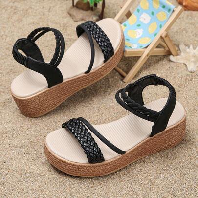 1双女童夏季厚底凉鞋，简约时尚编织条纹舒适休闲户外日常穿着厚底坡跟凉鞋