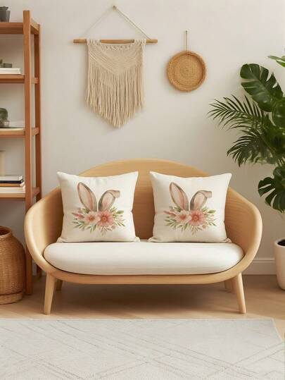2Pcs Soft Faux Linen Beige Pillow Covers Bunny Ears Watercolor Florals Pillowcases Breathable Spring Living Room Decor Cushion Covers(No Filling)