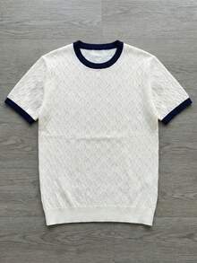 Camiseta de cuello redondo de manga corta con textura y ribete de contraste, top casual para hombres - Blanco - Ver 4