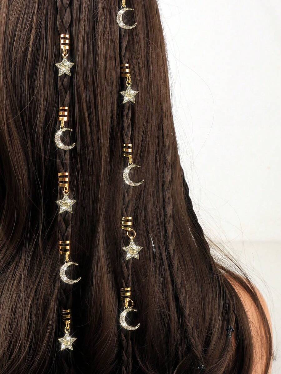 6pcs Eid Mubarak Rhinestone Star Moon Tassel Headpiece Set, Boho Cute Hip Hop Hair Clips, Headband, Hair Rings, Braided Rings, Eid Gift, Party Accessories - Gold - View 1