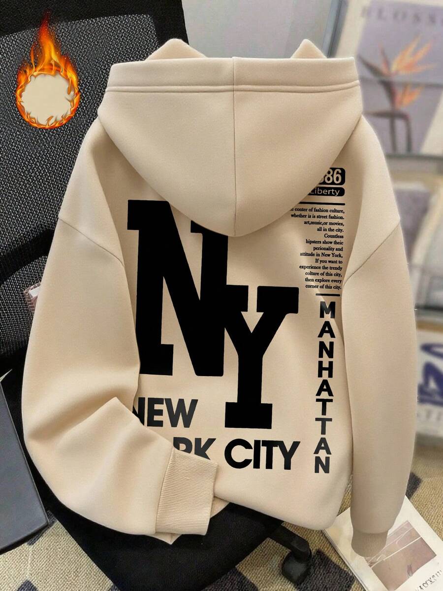 Men's Casual NY Abbreviation Printed Hoodie Sweatshirt, Back To School, Autumn/Winter, Long Sleeve Top - Apricot - View 1