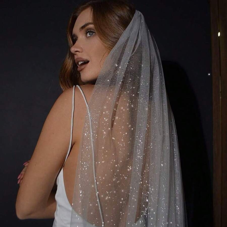 Shiny Bridal Veil, Solid Color Long Shiny Single Layer Thin Veil For Church Wedding, With Comb - Glittery - View 1