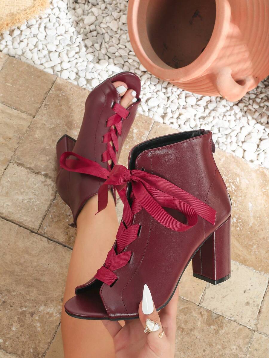 Bottines à talons épais bordeaux pour femmes, nouvelles sandales polyvalentes de mode printemps/été avec fermeture éclair arrière, lacets, design ajouré. Sandales romaines à bout rond à talons hauts avec brides. Bottes de cheville confortables grande taille pour vacances, fêtes et extérieur, respirantes - Rouge foncé - Voir 1