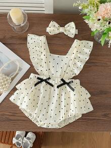 Baby Girls' Cute Square Collar Ruffle Double Bow Button Front Romper, Fashionable & Versatile Baby Girl Clothing For Spring/Summer, Suitable For Daily, Party, Outing - White - View 1