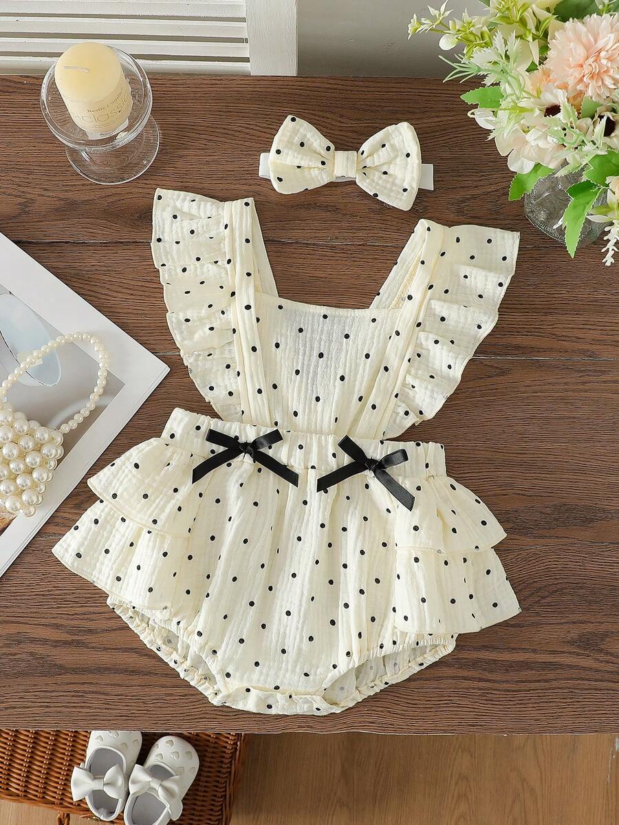 Baby Girls' Cute Square Collar Ruffle Double Bow Button Front Romper, Fashionable & Versatile Baby Girl Clothing For Spring/Summer, Suitable For Daily, Party, Outing - White - View 1