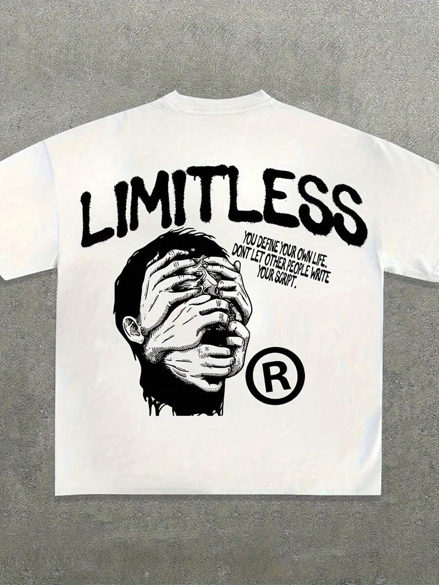 LIMITLESS Men'S White Cotton T-Shirt - Unique Y2K Streetwear With Empowering Self-Definition Statement, Bold Graphic Design & Inspirational Quote - Perfect For Individual Expression And Pursuing Personal Value Suitable For Holidays, Parties, Home Wear, Daily Commuting, Back To School, And Concert Attire. - 白色 - 查看 1