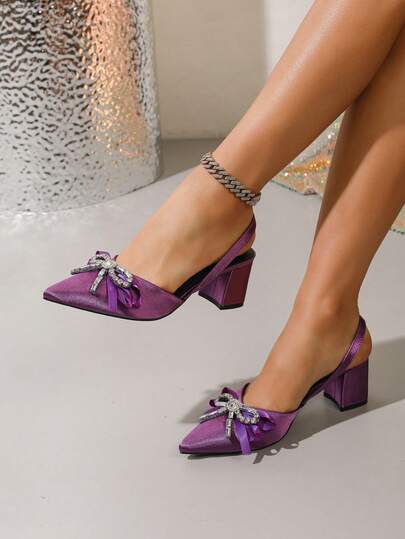 女士尖头高跟鞋，饰有水钻蝴蝶结，踝带设计，粗跟，舒适休闲凉鞋，紫色，春夏款