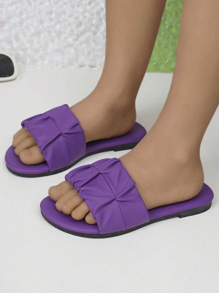 Summer New Girls' Outdoor Slippers, Round Toe Fabric Ruched Design, Fashionable And Generous Solid Color Western Style Children Flat Sandals - Violet Purple - View 1