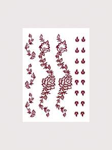 1pc Brown Waterproof Floral Henna Temporary Tattoo Sticker, Suitable For Women, Wedding Party Holiday Fake Tattoo - Burgundy - View 13