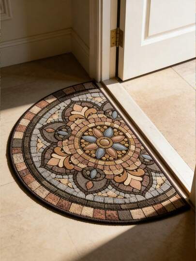 1 pieza Felpudo semicircular - Felpudo semicircular bohemio con patrón de mandala floral, alfombra de entrada para interiores/exteriores, felpudo de piedras de colores 2D en beige/marrón/gris/negro/blanco, para puerta principal, patio, decoración del hogar - Fácil de limpiar, patrón floral, estructura resistente, alfombra decorativa, decoración interior, felpudo, alfombrita, felpudo de bienvenida, alfombra, felpudo exterior, alfombra de cocina, decoración del hogar, felpudo de entrada