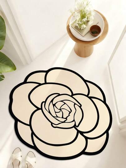 1pc Vintage Camellia Silica Gel Non-Slip Bath Mat, Silica Gel Absorbent Backing, Flower Shape, Quick Drying, Keeps Bathroom & Home Clean, Irregular Shape Bathroom Vanity Mat
