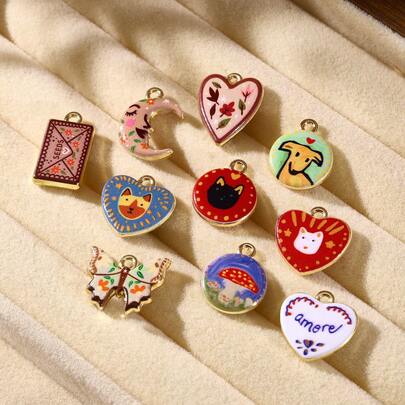 1 件复古双面彩绘 DIY 吊坠配件，心形花朵动物元素，小众文艺风格饰品手工材料