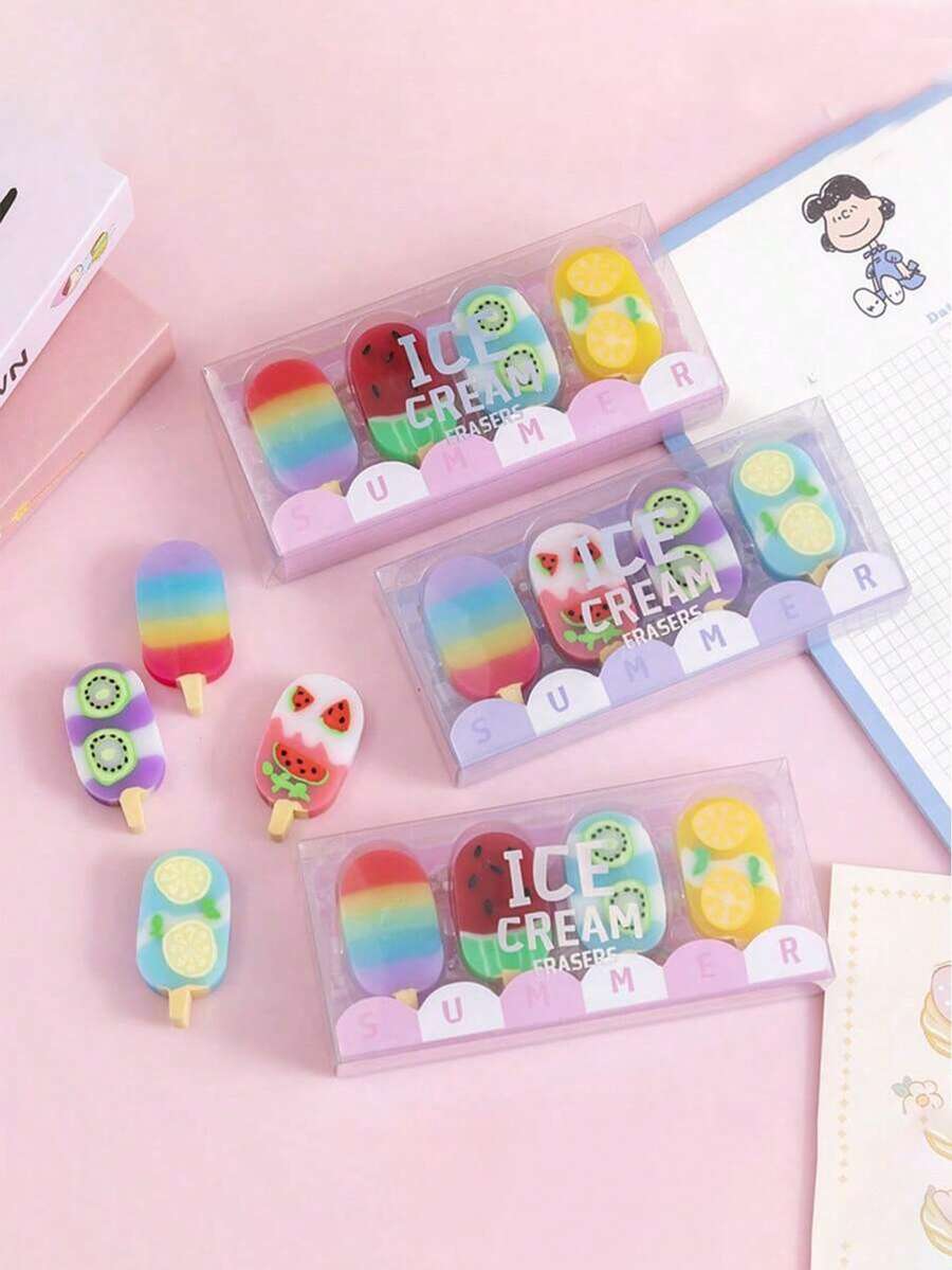 4pcs Cartoon Cute Ice Cream Shaped Erasers, Random Colors, Student Supplies - Sets - View 1