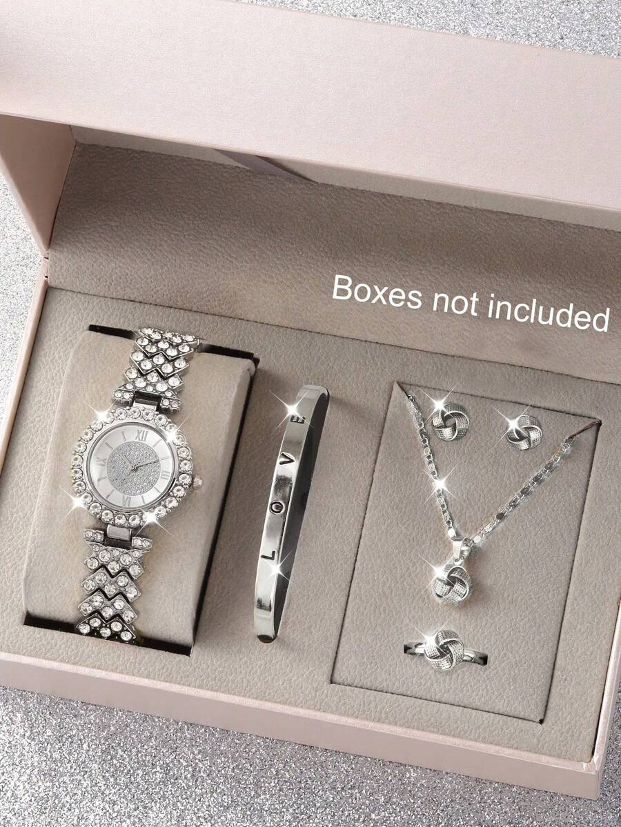 6pcs Set Rhinestone Gold Bangle & Quartz Watch Set, Chain Bracelet Watch For Women, Personalized Luxury Gift - Silver - View 1
