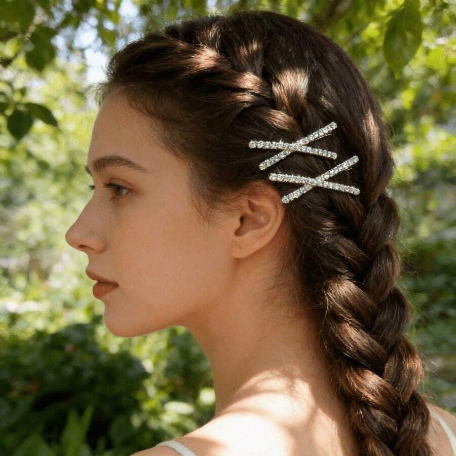 2Pcs/Hanfu Style Hair Clip; Simple Cross-Shaped One-Piece Clip; Water Diamond Hairpin; Bangs Clip; Fringe Clip; Side Clip; Accessory - Silver - View 1
