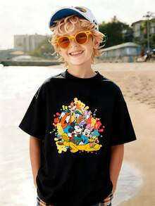 1pc Disney Mickey Mouse & Friends Cheerful Group Portrait Tween Boys Fun T-Shirt - Comfortable & Versatile, Perfect For Outings & Hangouts - màu đen - Xem 2