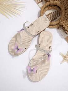 Spring/Summer New Transparent Strap EVA Women Flat Sandals, Butterfly Decor Rhinestone Rivet Beach Sandals - Transparent Light Purple Butterfly - View 7