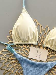 2pcs Casual Cute Elegant Sexy Bohemian Floral Tie-Up Braided Bikini Swimwear, Beach Vacation, Spring/Summer - Baby Blue - View 4