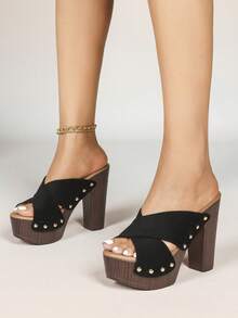 女士夏季高跟凉鞋，防水厚底性感户外拖鞋，露趾厚底拖鞋 - 黑色 - 查看 4