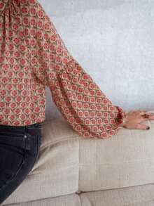 优雅菱形印花梭织面料度假风法式休闲衬衫，适合休闲约会和日常穿着，春季必备。 - 紅色 - 查看 4