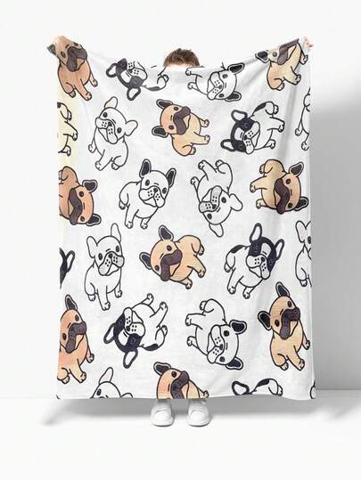 1 chiếc chăn nỉ họa tiết chó Bulldog Pháp hoạt hình, trang trí phòng ngủ, dã ngoại, du lịch, chăn mềm mại sang trọng, quà tặng cho gia đình, bạn bè, bản thân, sử dụng hàng ngày, ngày lễ, kỷ niệm, mọi mùa