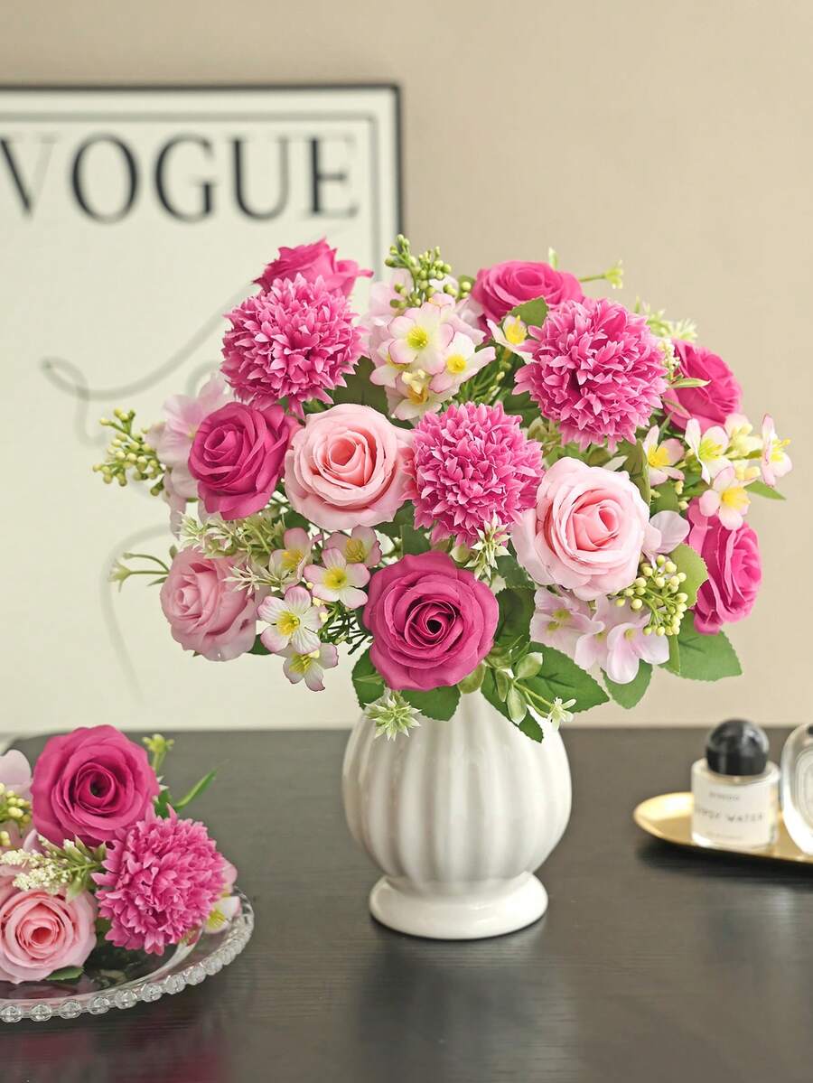 1pc/3pcs Artificial Silk Rose, Daisy, Dandelion Flower Bouquet, Wholesale For Wedding, Home, Party Decoration, Tabletop Centerpiece - Hot Pink - View 1