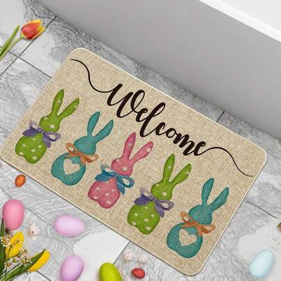 Colorful Rabbit Welcome Easter Doormat, Easter Blessings Bathroom Mat, Kitchen Rug Set, Linen-Like Super Absorbent, Spring Rabbit & Floral Pattern Kitchen Mat, Welcome Doormat, Rabbit Non-Slip Fun Washable Kitchen & Bathroom Decor