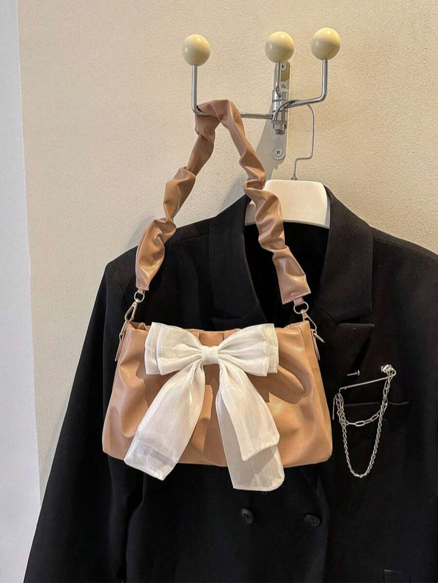 Bolso de hombro con cadena plisada y decoración de lazo - Caqui - Ver 1